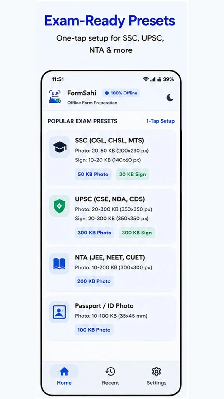 FormSahi exam-ready document size presets