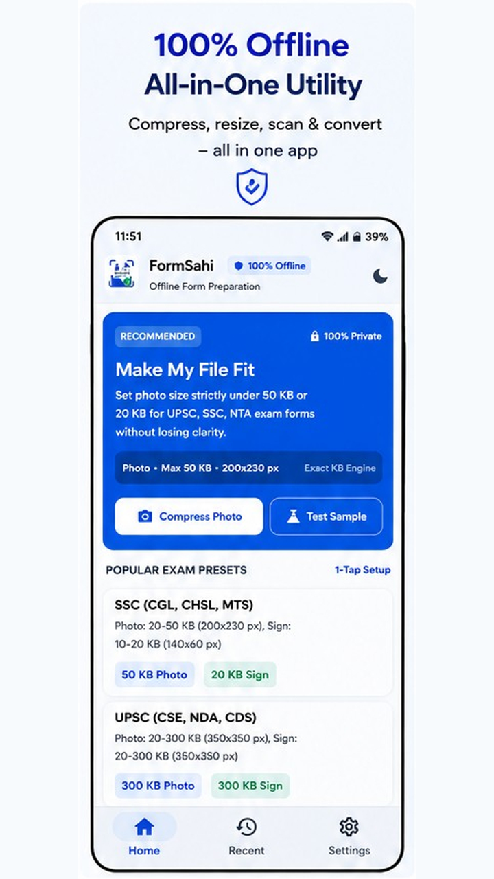 FormSahi offline home screen with photo compression and exam form presets
