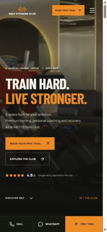 Actual mobile M&Y homepage showing stacked content, free-trial buttons and the mobile contact bar
