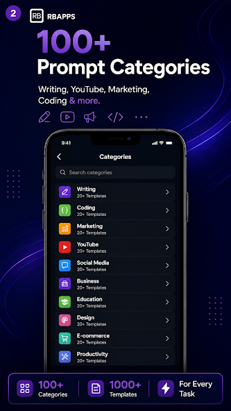 Smart Prompt Builder screen showing more than 100 prompt categories